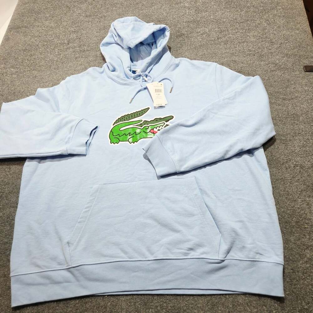 Lacoste Men's Double Croc Logo-Print Fleece Hoodie Blue Size 4XL